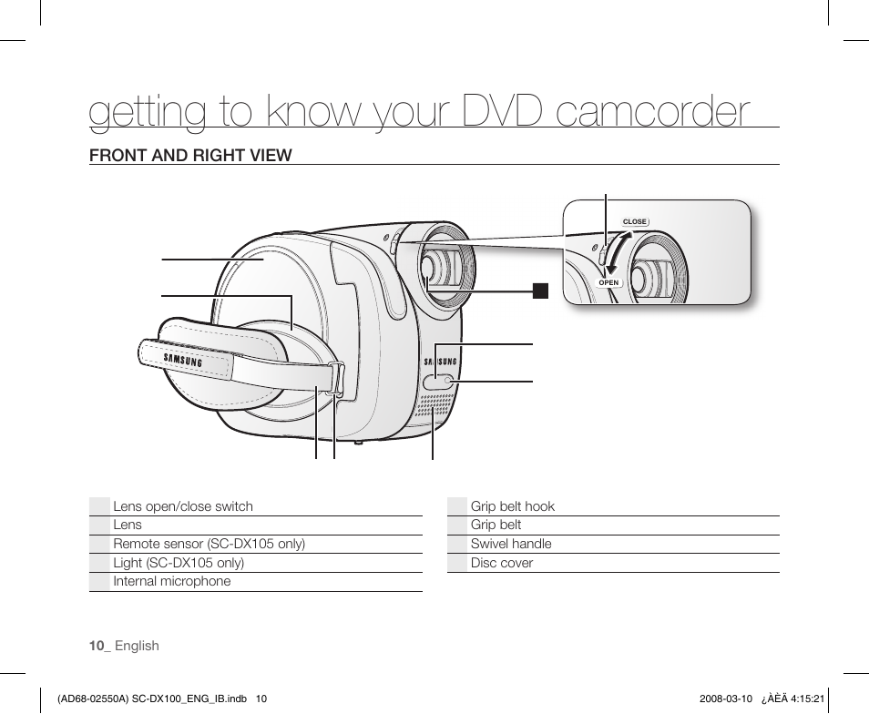 Front and right view, Getting to know your dvd camcorder | Samsung SC-DX103-XAP User Manual | Page 20 / 124