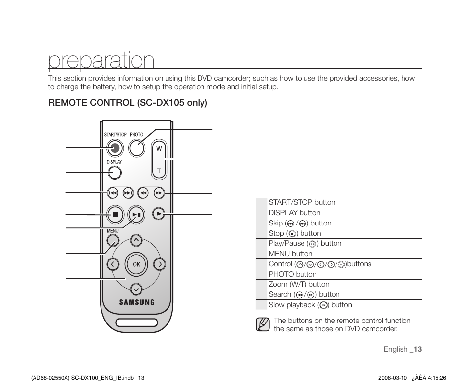 Preparation, Remote control (sc-dx105 only) | Samsung SC-DX103-XAP User Manual | Page 23 / 124