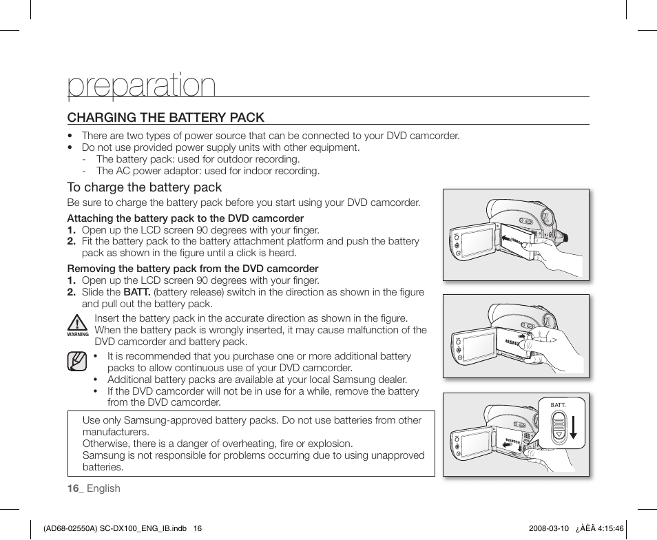 Charging the battery pack, Preparation | Samsung SC-DX103-XAP User Manual | Page 26 / 124