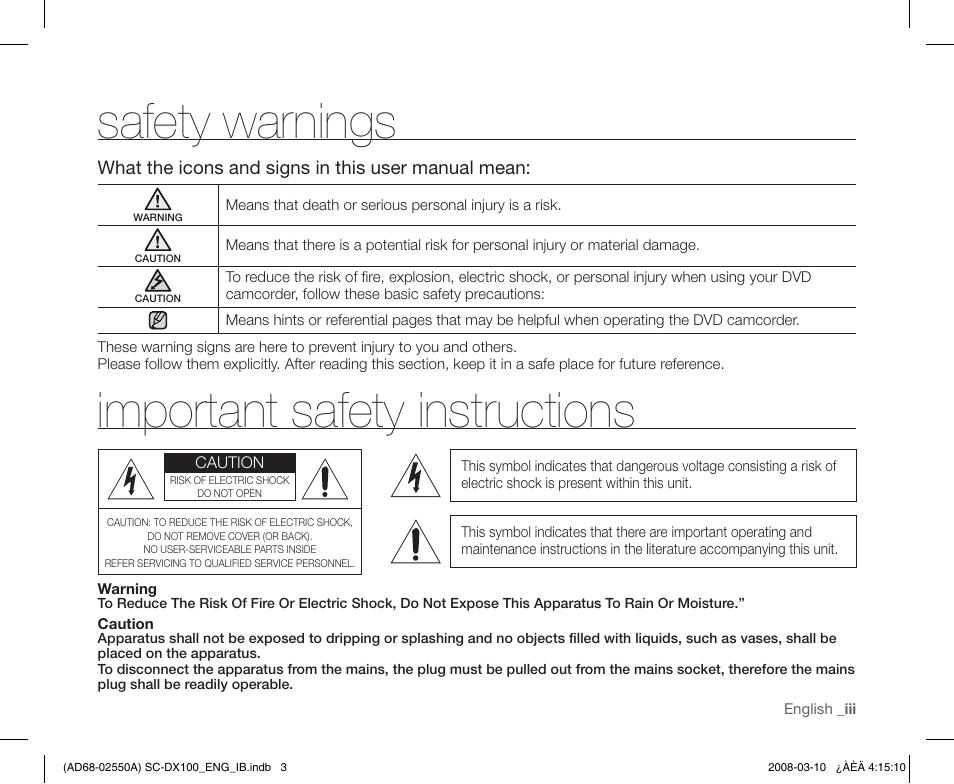 Safety warnings, Important safety instructions | Samsung SC-DX103-XAP User Manual | Page 3 / 124