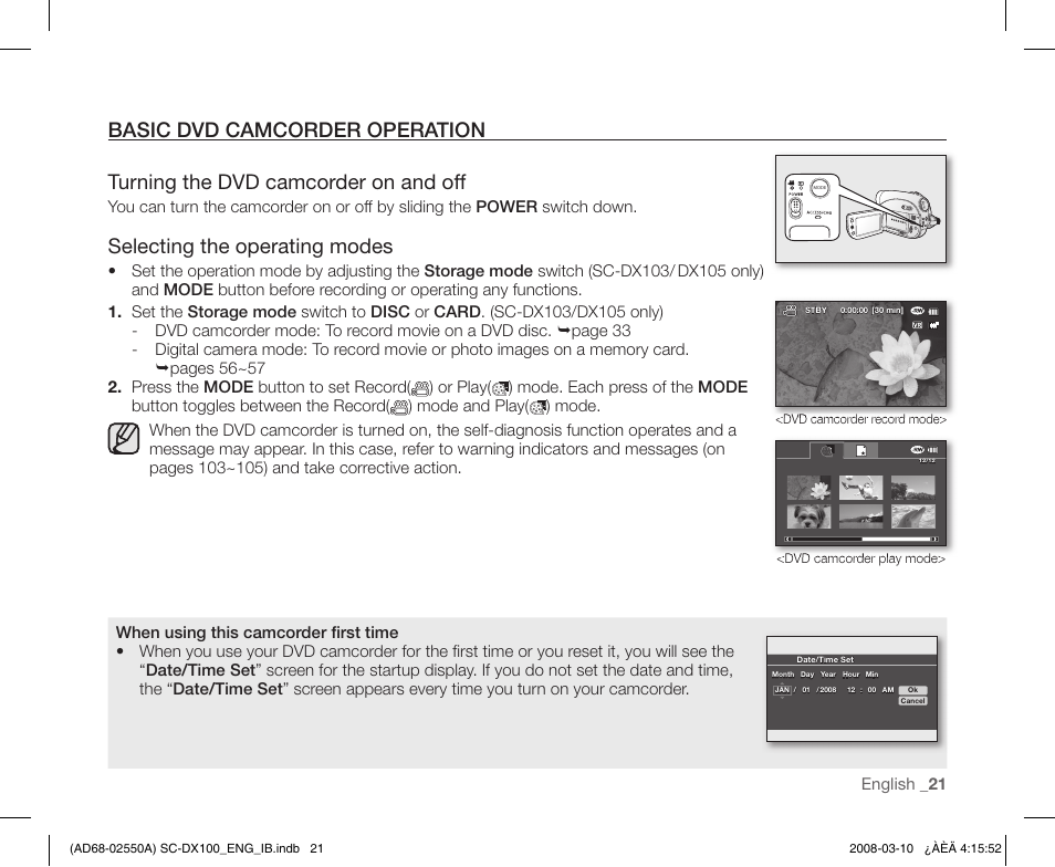 Basic dvd camcorder operation, Selecting the operating modes | Samsung SC-DX103-XAP User Manual | Page 31 / 124