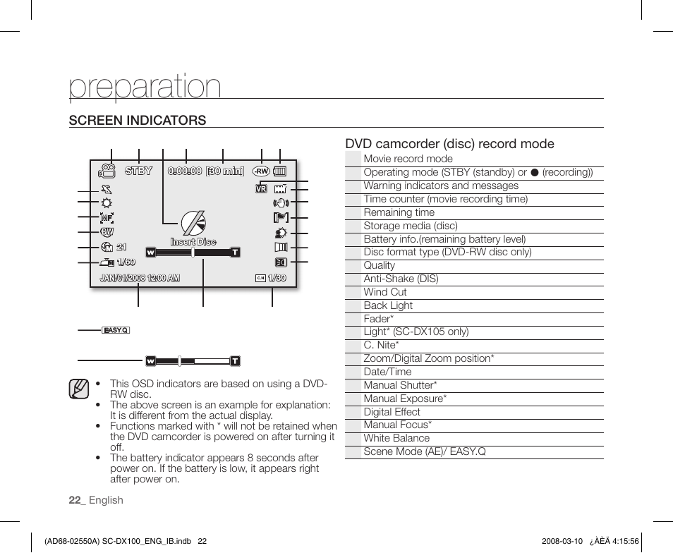 Screen indicators, Preparation | Samsung SC-DX103-XAP User Manual | Page 32 / 124