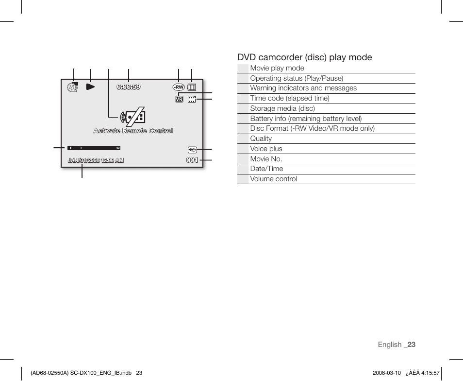 Dvd camcorder (disc) play mode | Samsung SC-DX103-XAP User Manual | Page 33 / 124