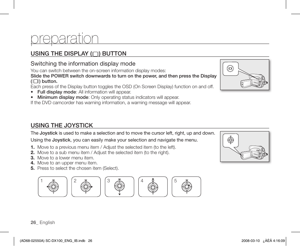 Using the display ( ) button, Using the joystick, Preparation | Samsung SC-DX103-XAP User Manual | Page 36 / 124