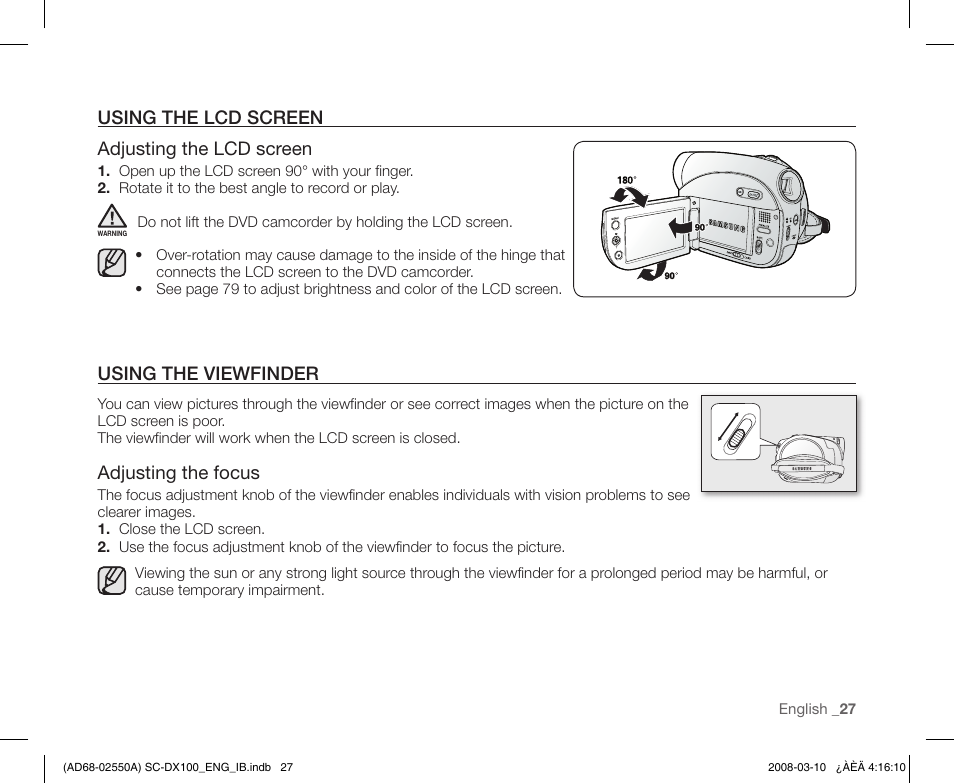 Using the lcd screen, Using the viewfinder | Samsung SC-DX103-XAP User Manual | Page 37 / 124