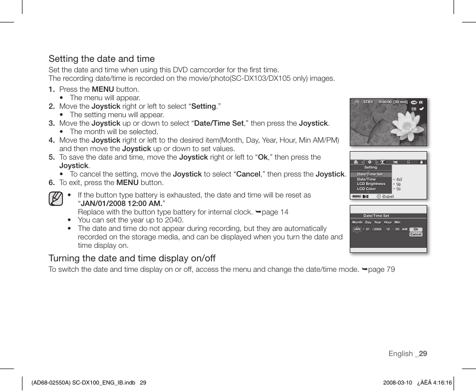 Setting the date and time, Turning the date and time display on/off | Samsung SC-DX103-XAP User Manual | Page 39 / 124