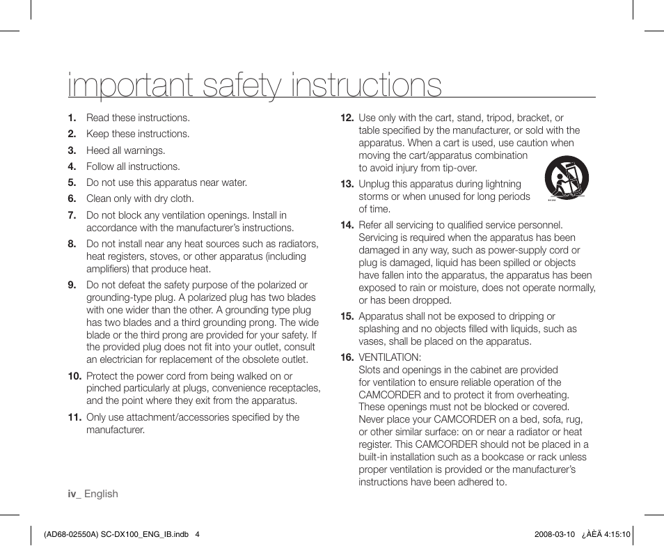 Important safety instructions | Samsung SC-DX103-XAP User Manual | Page 4 / 124