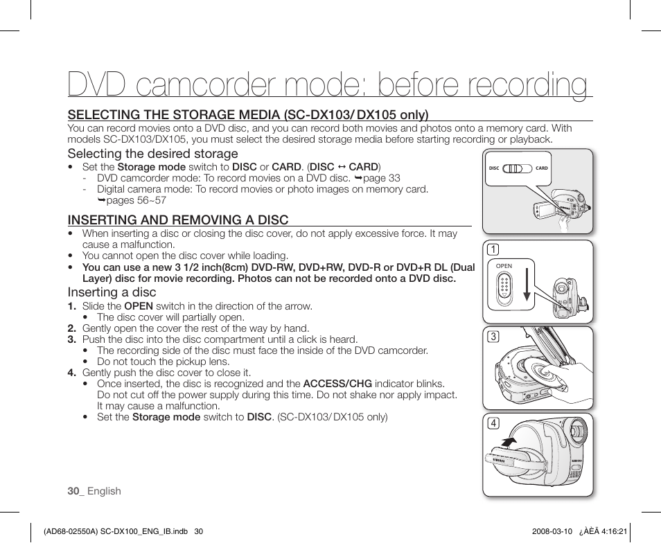 Dvd camcorder mode: before recording, Selecting the storage media (sc-dx103/ dx105 only), Inserting and removing a disc | Samsung SC-DX103-XAP User Manual | Page 40 / 124