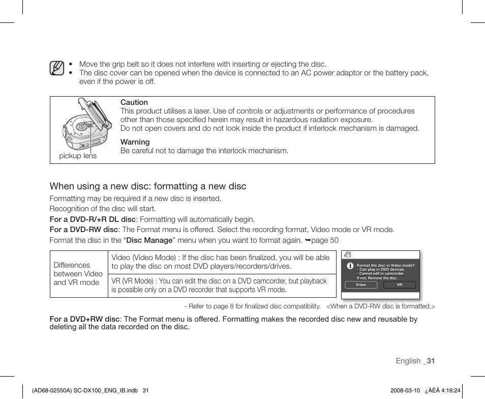 When using a new disc: formatting a new disc | Samsung SC-DX103-XAP User Manual | Page 41 / 124