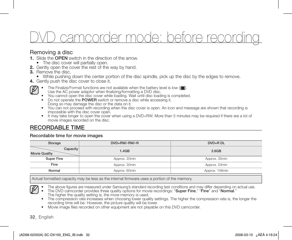 Recordable time, Dvd camcorder mode: before recording, Removing a disc | Samsung SC-DX103-XAP User Manual | Page 42 / 124