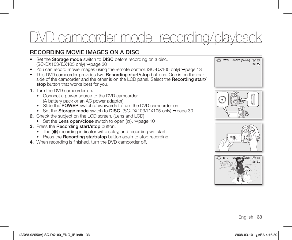 Dvd camcorder mode: recording/playback, Recording movie images on a disc | Samsung SC-DX103-XAP User Manual | Page 43 / 124