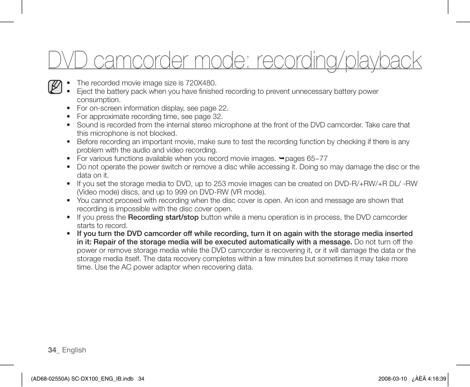 Dvd camcorder mode: recording/playback | Samsung SC-DX103-XAP User Manual | Page 44 / 124