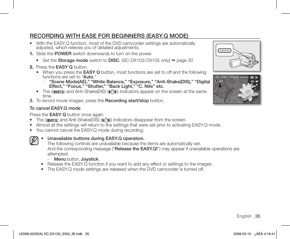 Recording with ease for beginners (easy.q mode) | Samsung SC-DX103-XAP User Manual | Page 45 / 124