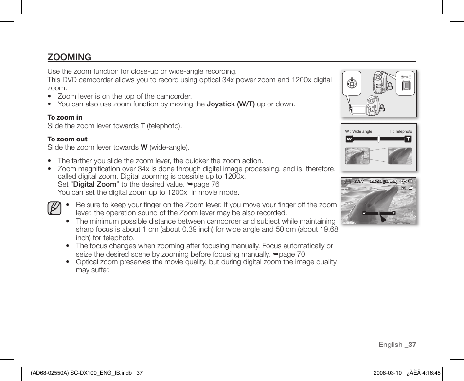 Zooming | Samsung SC-DX103-XAP User Manual | Page 47 / 124