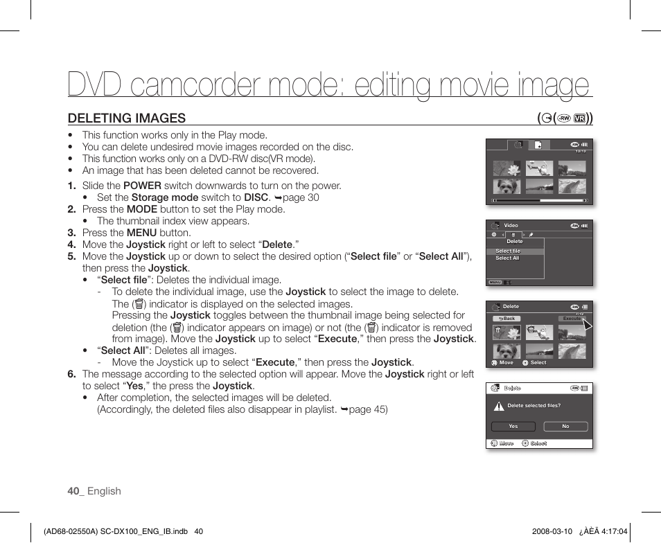 Dvd camcorder mode: editing movie image, Deleting images, Deleting images ( ( )) | Samsung SC-DX103-XAP User Manual | Page 50 / 124