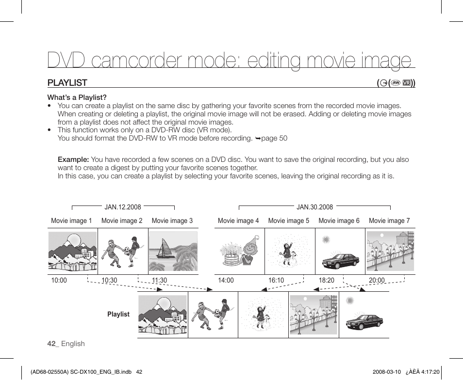 Playlist, Dvd camcorder mode: editing movie image | Samsung SC-DX103-XAP User Manual | Page 52 / 124