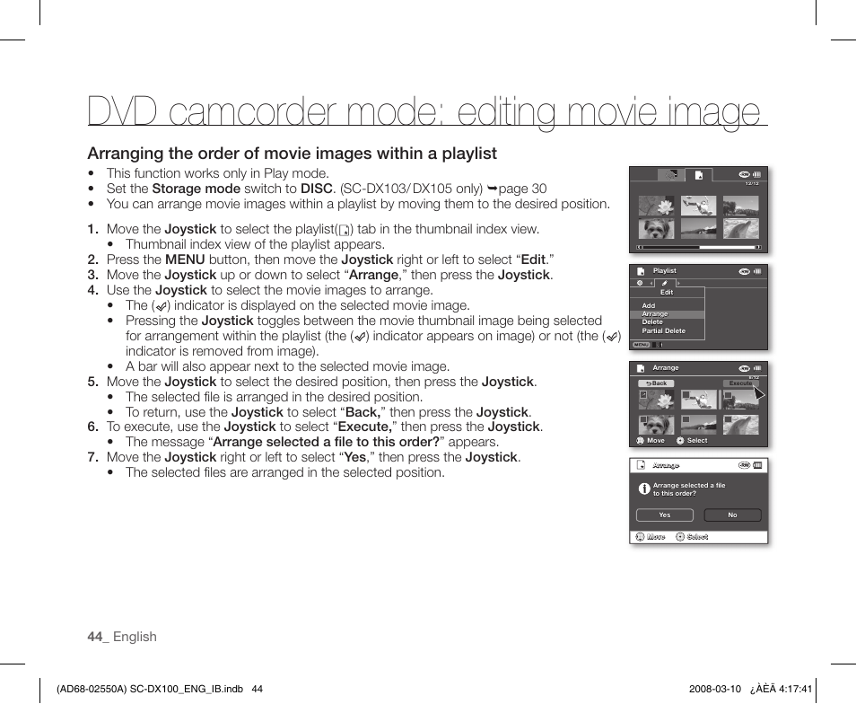 Dvd camcorder mode: editing movie image | Samsung SC-DX103-XAP User Manual | Page 54 / 124