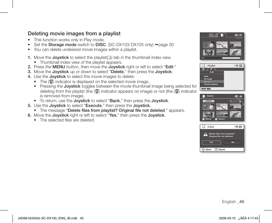 Deleting movie images from a playlist, English _ 45 | Samsung SC-DX103-XAP User Manual | Page 55 / 124