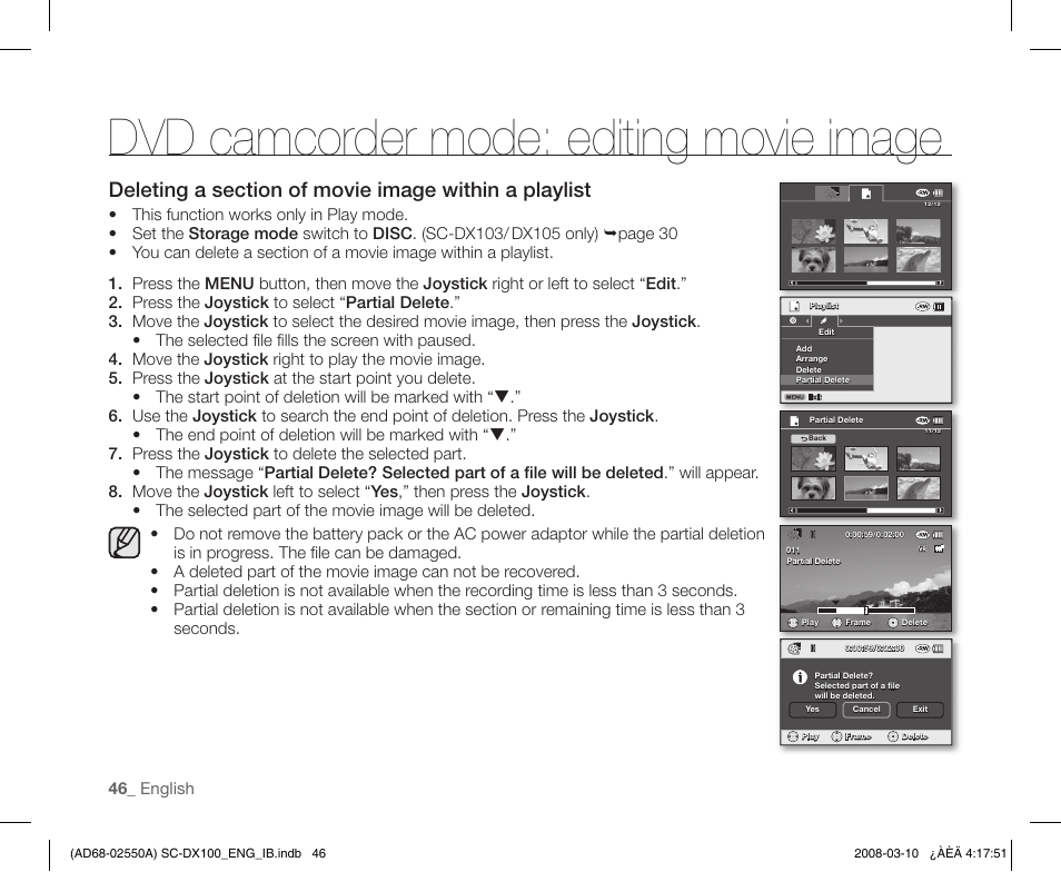 Dvd camcorder mode: editing movie image, 46 _ english | Samsung SC-DX103-XAP User Manual | Page 56 / 124