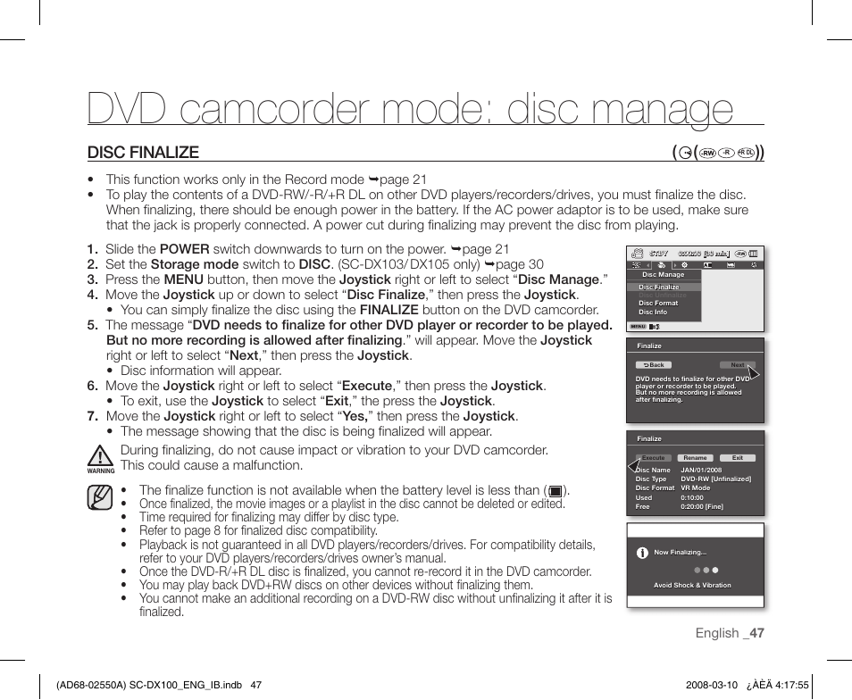 Dvd camcorder mode: disc manage, Disc finalize | Samsung SC-DX103-XAP User Manual | Page 57 / 124