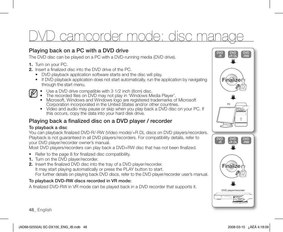 Dvd camcorder mode: disc manage | Samsung SC-DX103-XAP User Manual | Page 58 / 124