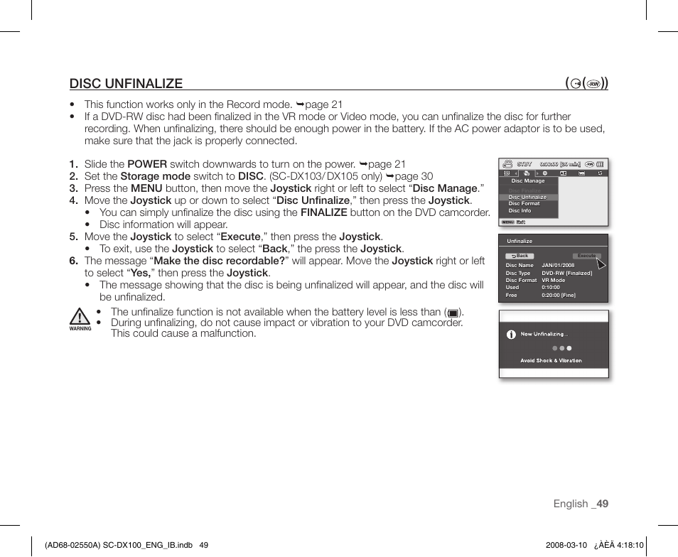 Disc unfinalize, Disc unfinalize ( ( )), English _ 49 | Samsung SC-DX103-XAP User Manual | Page 59 / 124