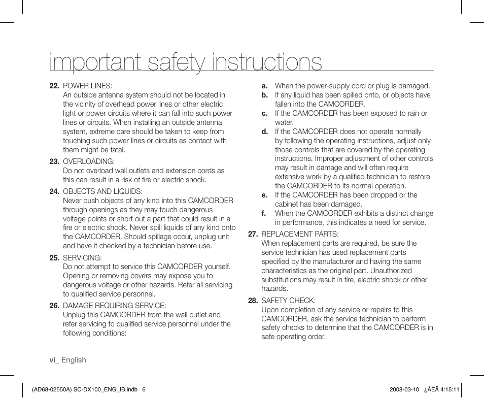 Important safety instructions | Samsung SC-DX103-XAP User Manual | Page 6 / 124