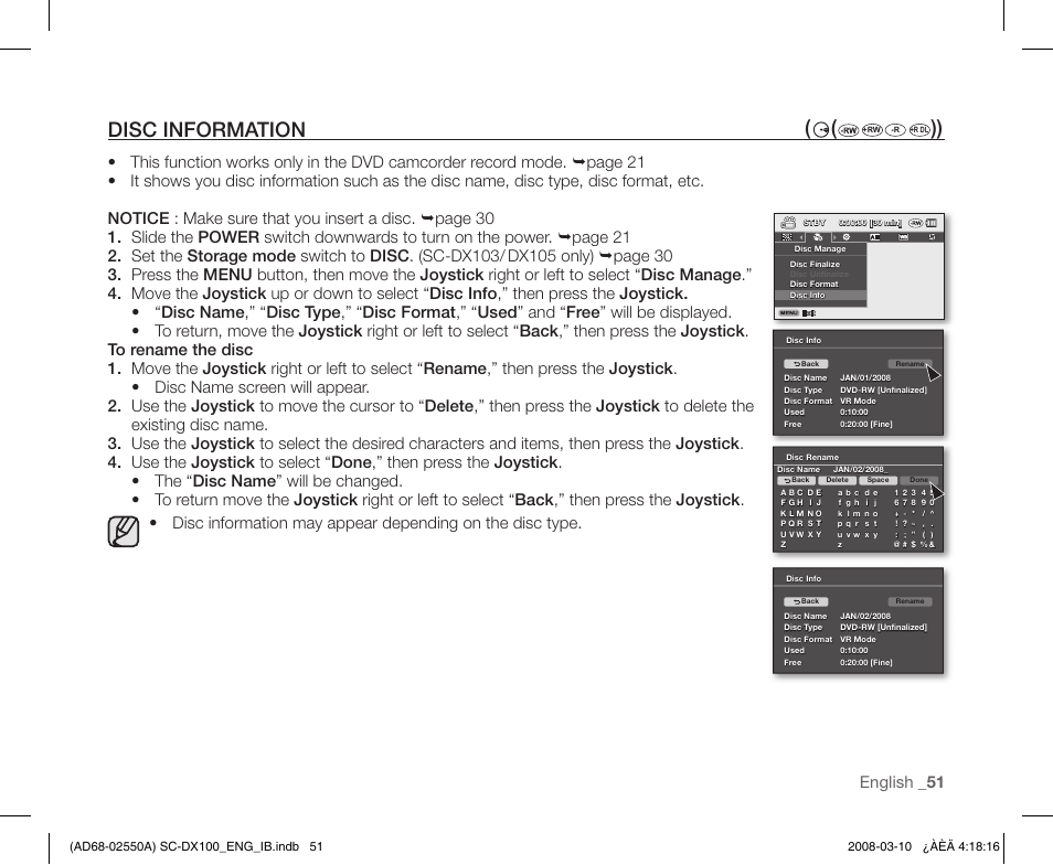 Disc information, English _ 51 | Samsung SC-DX103-XAP User Manual | Page 61 / 124