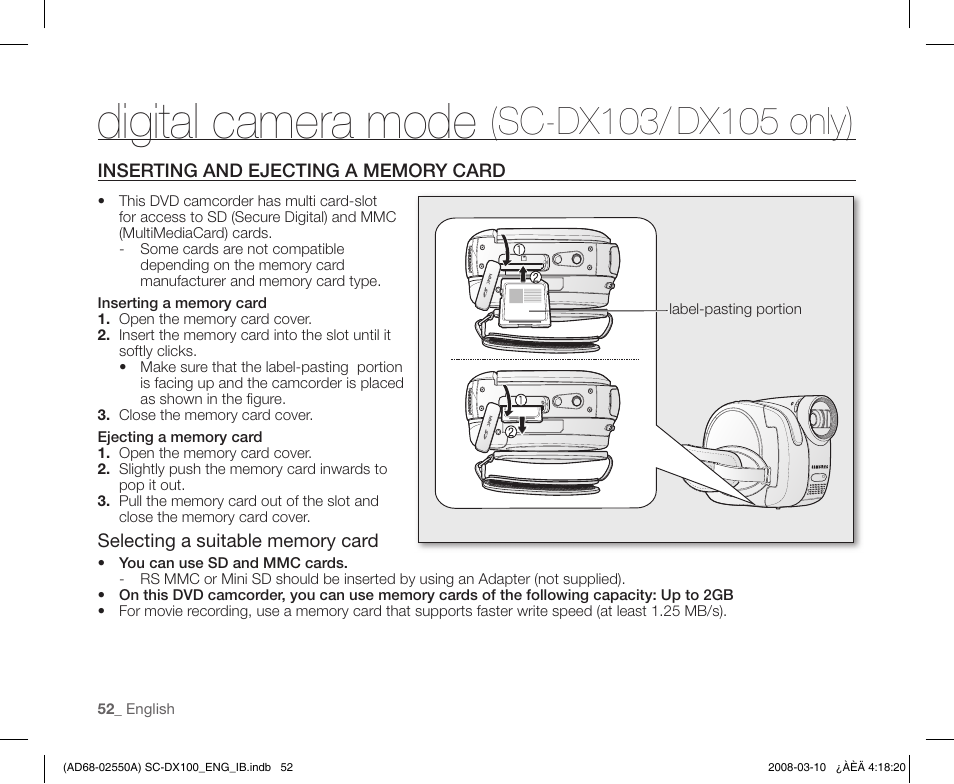 Digital camera mode (sc-dx103/ dx105 only), Inserting and ejecting a memory card, Digital camera mode | Samsung SC-DX103-XAP User Manual | Page 62 / 124