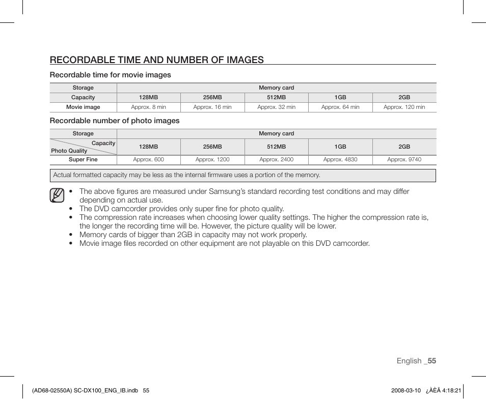 Recordable time and number of images | Samsung SC-DX103-XAP User Manual | Page 65 / 124