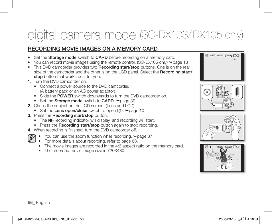 Recording movie images on a memory card, Digital camera mode | Samsung SC-DX103-XAP User Manual | Page 66 / 124