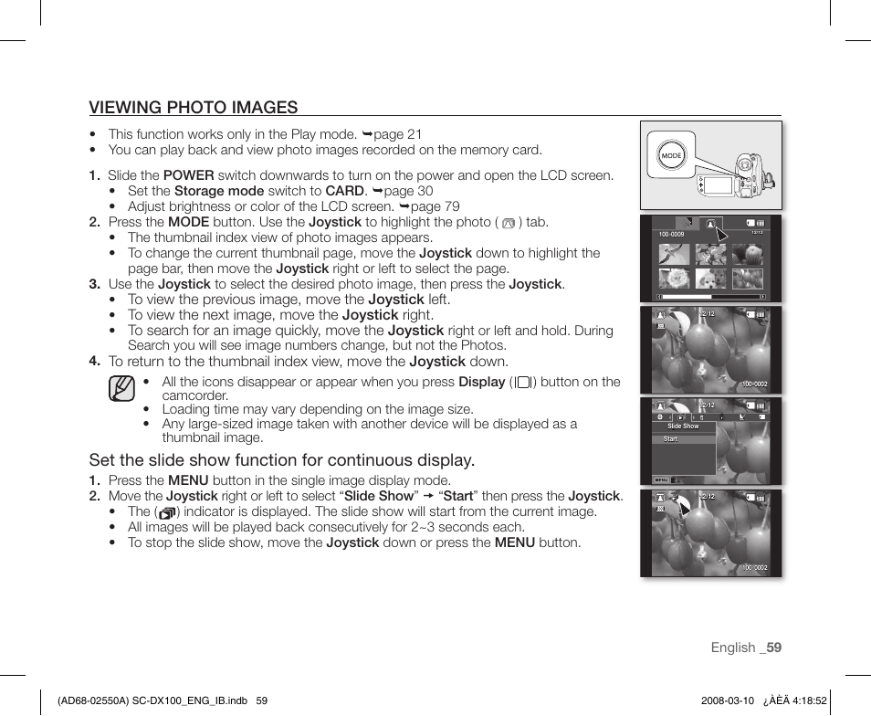 Viewing photo images, Set the slide show function for continuous display | Samsung SC-DX103-XAP User Manual | Page 69 / 124