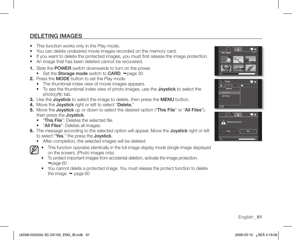 Deleting images | Samsung SC-DX103-XAP User Manual | Page 71 / 124