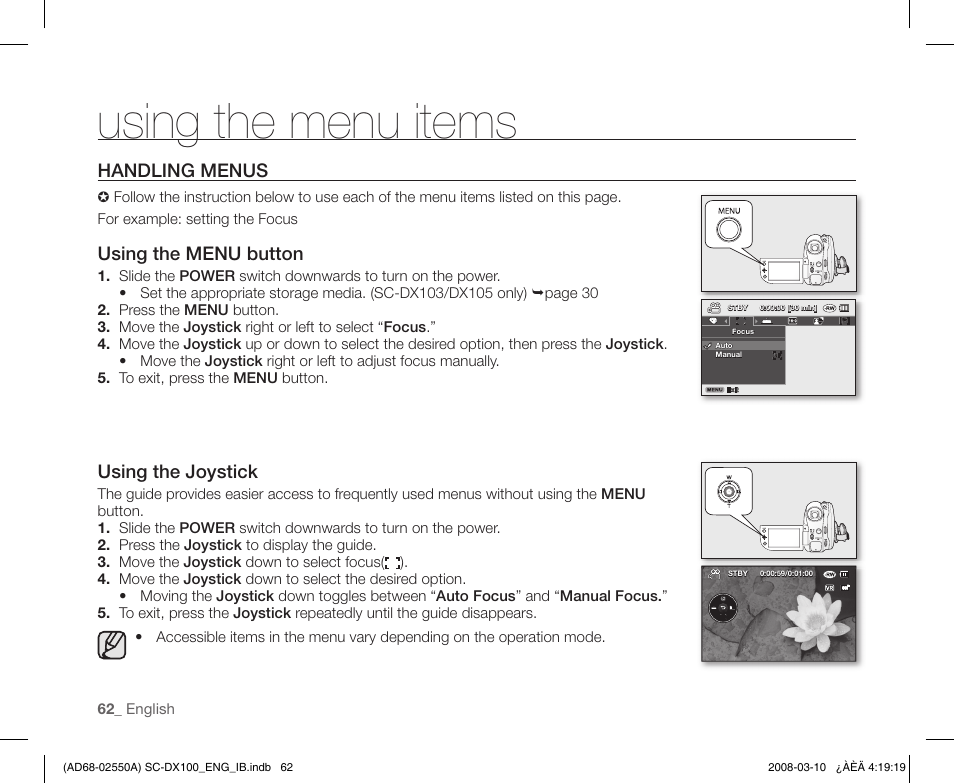 Using the menu items, Handling menus | Samsung SC-DX103-XAP User Manual | Page 72 / 124