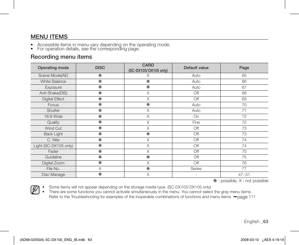 Menu items, Recording menu items | Samsung SC-DX103-XAP User Manual | Page 73 / 124