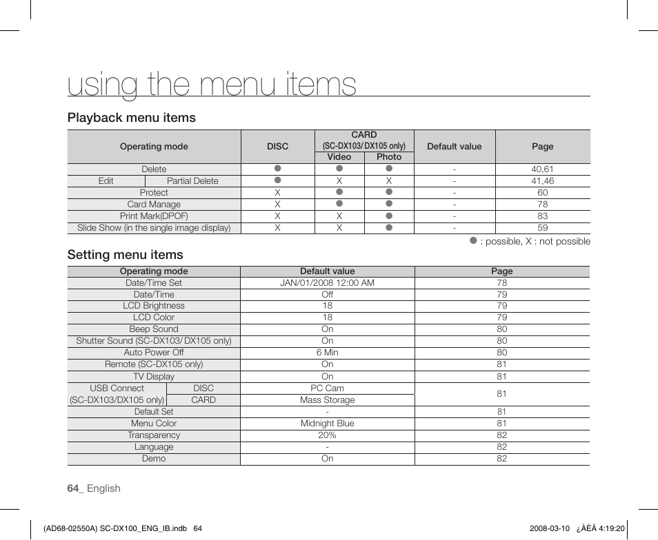 Using the menu items, Playback menu items, Setting menu items | Samsung SC-DX103-XAP User Manual | Page 74 / 124