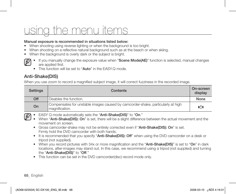 Using the menu items | Samsung SC-DX103-XAP User Manual | Page 78 / 124