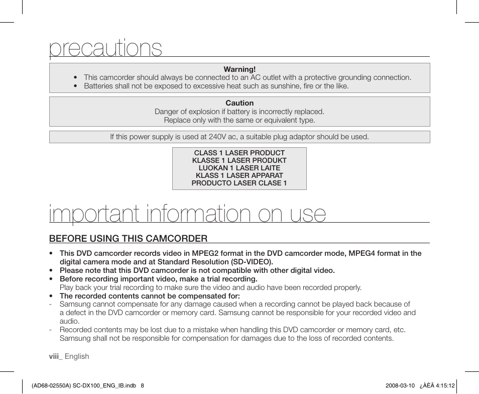 Precautions, Important information on use, Before using this camcorder | Samsung SC-DX103-XAP User Manual | Page 8 / 124