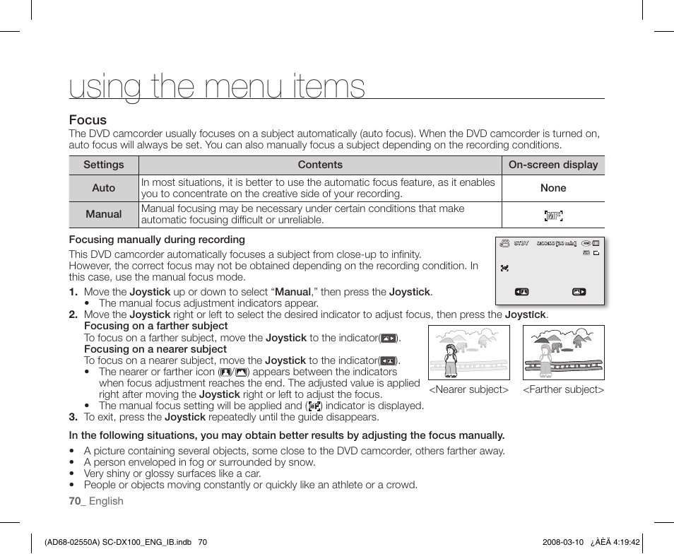 Using the menu items | Samsung SC-DX103-XAP User Manual | Page 80 / 124