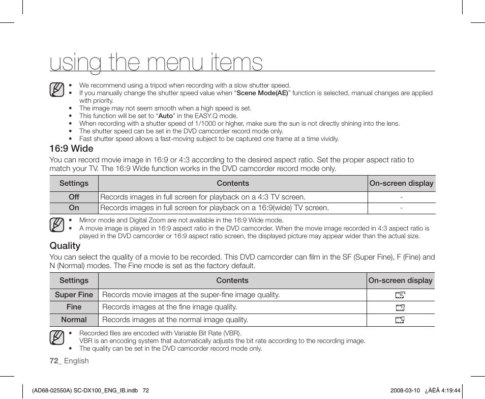 Using the menu items | Samsung SC-DX103-XAP User Manual | Page 82 / 124