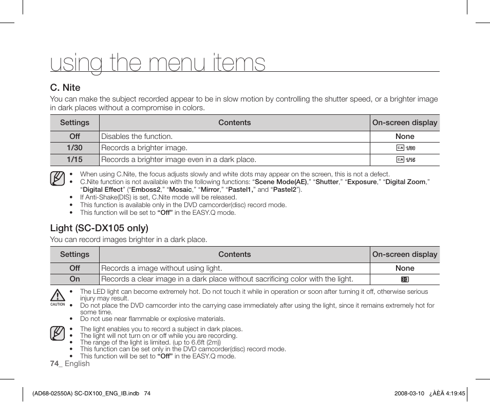 Using the menu items | Samsung SC-DX103-XAP User Manual | Page 84 / 124