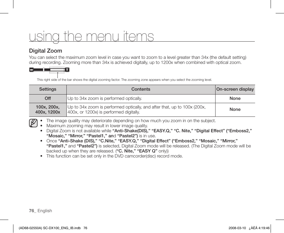 Using the menu items | Samsung SC-DX103-XAP User Manual | Page 86 / 124