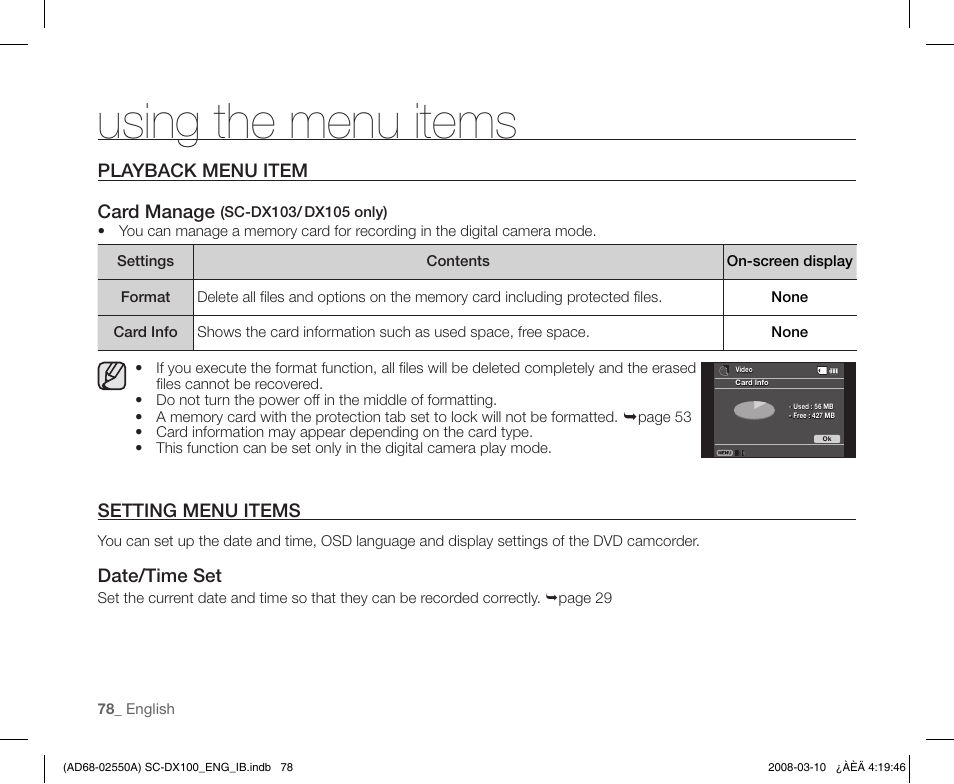 Playback menu item, Setting menu items, Using the menu items | Samsung SC-DX103-XAP User Manual | Page 88 / 124