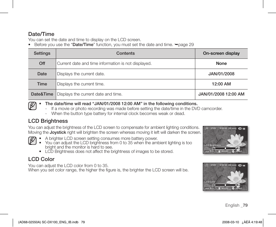 Date/time, Lcd brightness, Lcd color | Samsung SC-DX103-XAP User Manual | Page 89 / 124