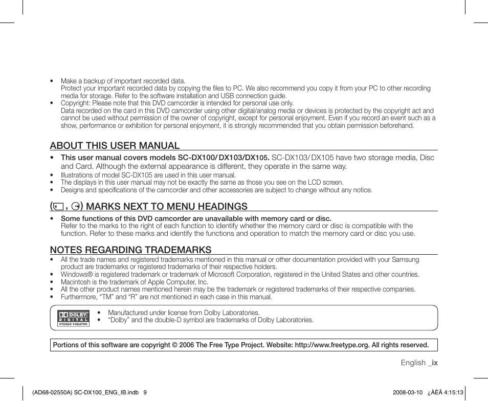 About this user manual, Marks next to menu headings, Notes regarding trademarks | Samsung SC-DX103-XAP User Manual | Page 9 / 124