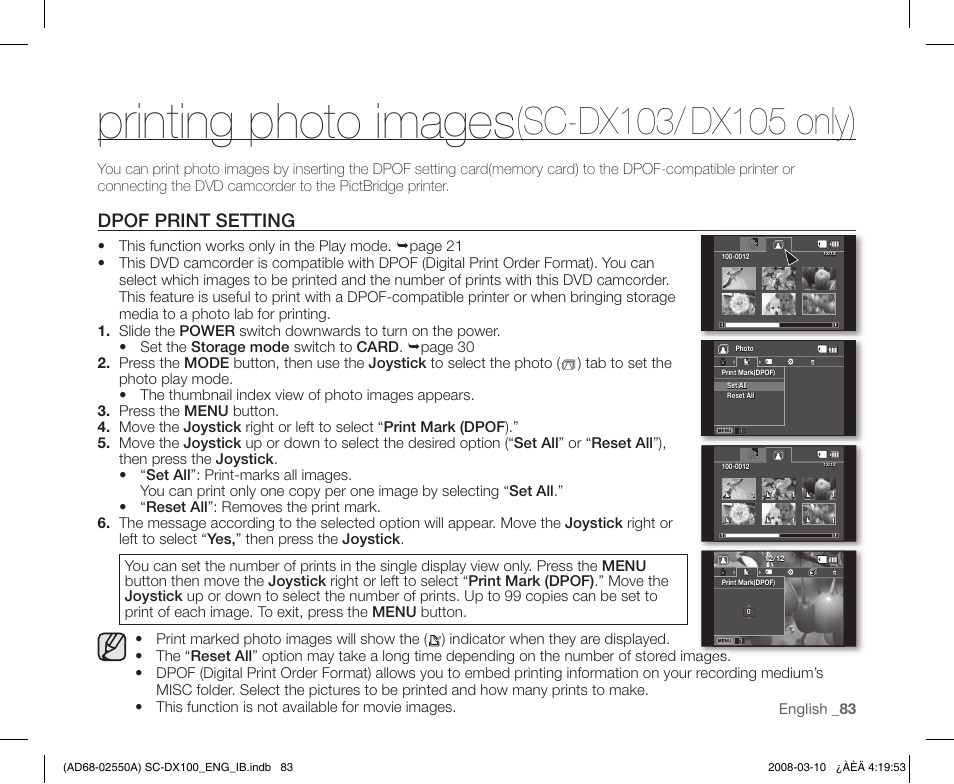 Printing photo images(sc-dx103/ dx105 only), Dpof print setting, Printing photo images | Samsung SC-DX103-XAP User Manual | Page 93 / 124