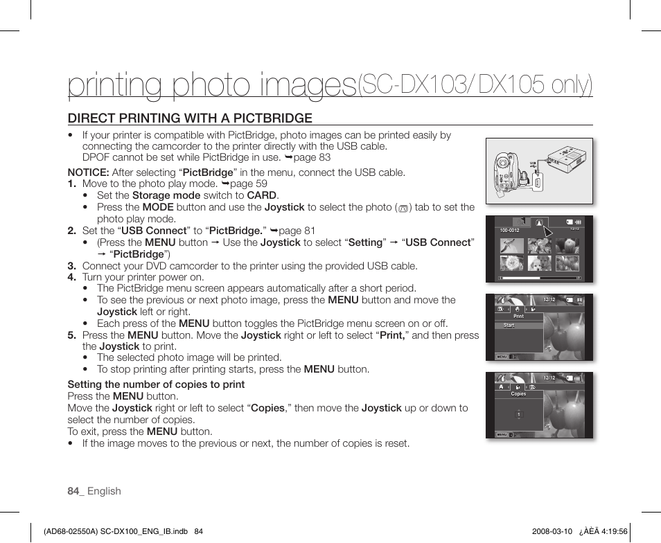 Direct printing with a pictbridge, Printing photo images | Samsung SC-DX103-XAP User Manual | Page 94 / 124