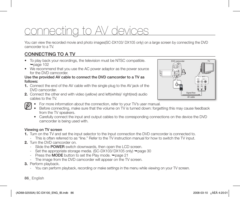 Connecting to av devices, Connecting to a tv | Samsung SC-DX103-XAP User Manual | Page 96 / 124