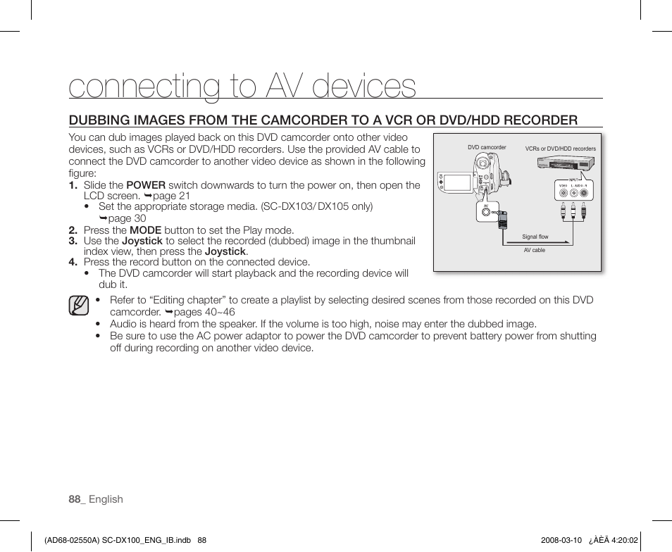 Connecting to av devices | Samsung SC-DX103-XAP User Manual | Page 98 / 124