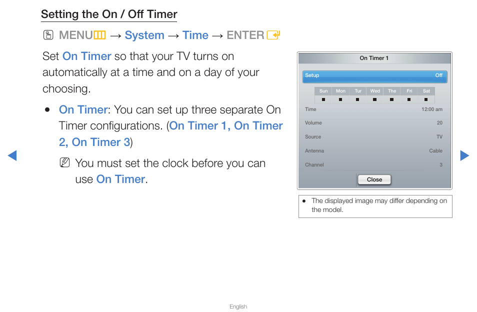 Setting the on / off timer, You must set the clock before you can use on timer | Samsung UN65D8000XFXZA User Manual | Page 115 / 324